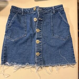 GR Girls Denim Jean Skirt Button Front Frayed Hem Size 14 Kids